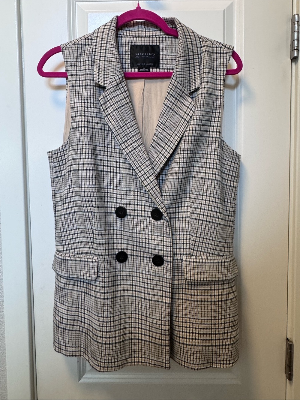 Sanctuary women’s M Double-Breasted Plaid Sleeveless Blazer Vest - Cream & Black